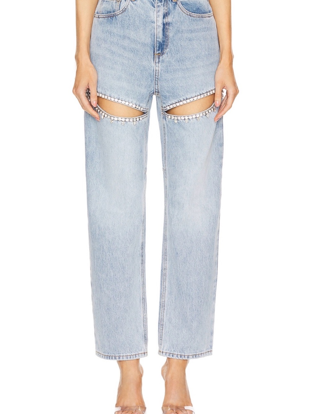 AREA Light Blue Straight Leg Jeans with Crystal Cutouts
